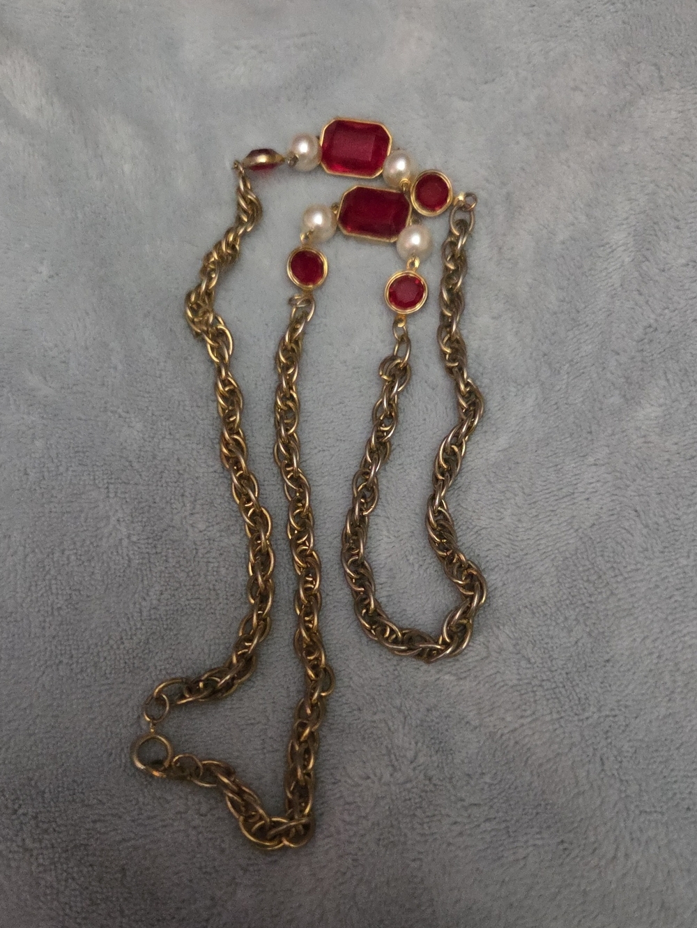 Gold Chain Necklace with Red Gem Accents and Pearls